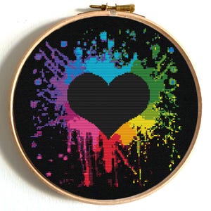 Modern heart cross stitch pattern with vibrant rainbow colors, Color splash, Heart silhouette funny x-stitch, Instant download PDF chart