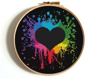 Modern heart cross stitch pattern with vibrant rainbow colors, Color splash, Heart silhouette funny x-stitch, Instant download PDF chart