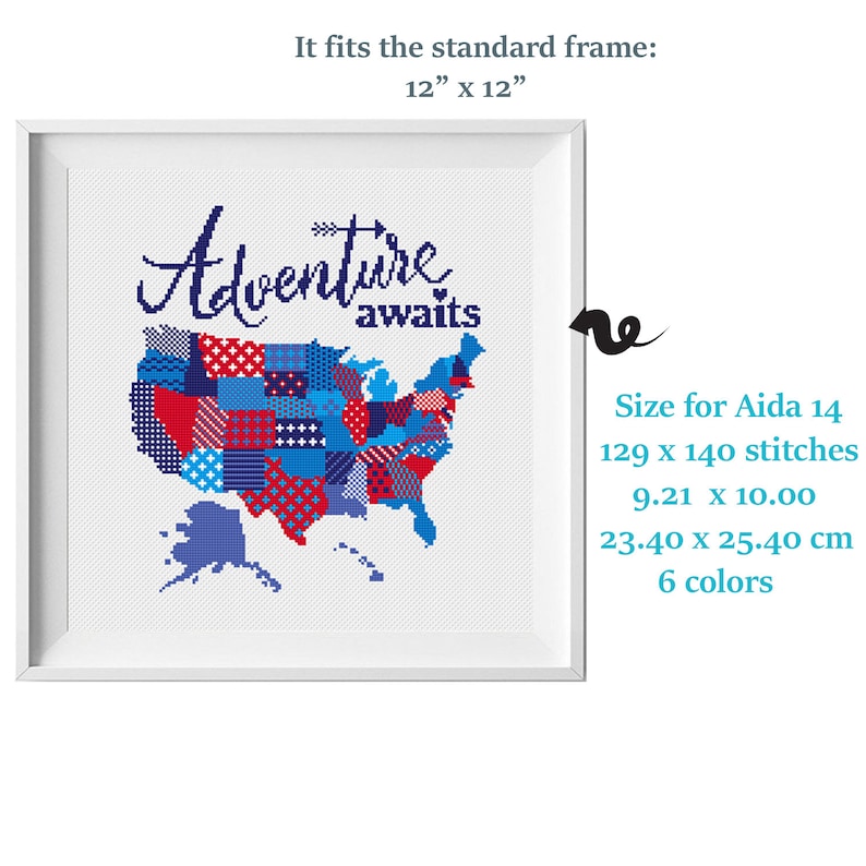 A cross stitch pattern of the United States of America with a patchwork design in red, white, and blue. The text 'Adventure awaits' is above the map. The pattern is designed for Aida 14 fabric and measures 129 x 140 stitches, 9.21 x 10.00 inches, and 23.40 x 25.40 cm. The pattern uses 6 colors.