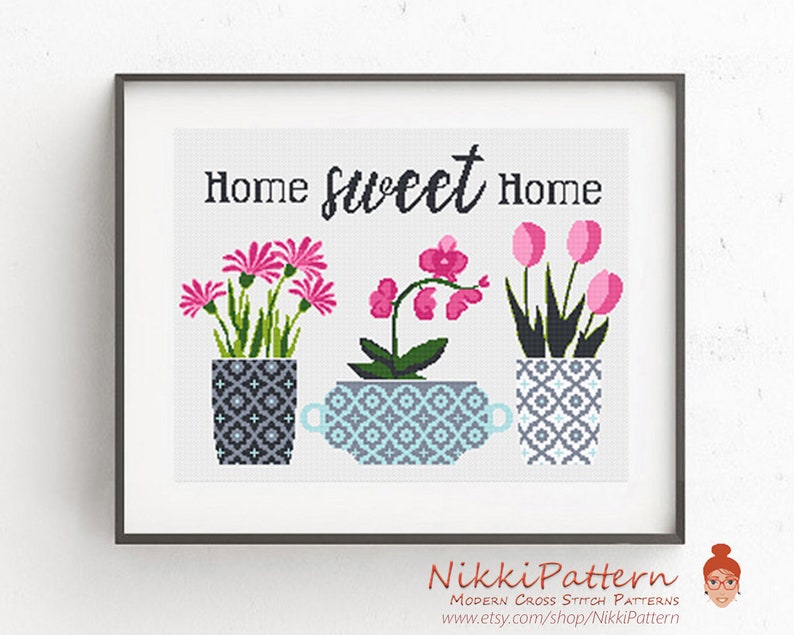 Home sweet home cross stitch pattern, Tulips and orchid in geometric pots, Botanical embroidery Set, Plant embroidery, Instant download image 2