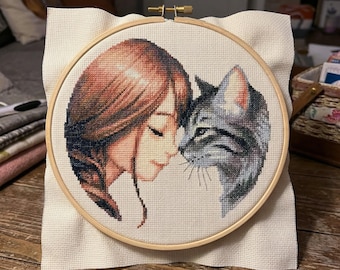 Cat Lover Cross Stitch Pattern – Girl and Cat Nose Touch, Modern Embroidery PDF, Emotional Pet Portrait Needlework Design