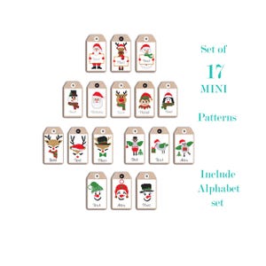 Puede incluir: Un conjunto de 17 mini etiquetas de regalo con tem&aacute;tica navide&ntilde;a con varios personajes festivos como Pap&aacute; Noel, renos y mu&ntilde;ecos de nieve. Cada etiqueta tiene un dise&ntilde;o &uacute;nico e incluye el texto "Text" o un nombre. Se incluye un juego de alfabeto.