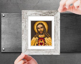 Mini Cross Stitch Pattern, Sacred Heart of Jesus - Mini Religious PDF pattern, Modern Christian Art, Instant download
