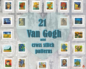 21 Van Gogh Mini Cross Stitch Patterns Mini masterpieces Starry night, Modern cross stitch bundle, Tiny famous paintings, Beginner