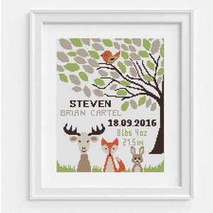 Geburtsanzeige Kreuzstich Stickmuster, niedlicher Fuchs, Hase, Vogel, Reh, Baby Name personalisiert, Moderne einfache Stickerei