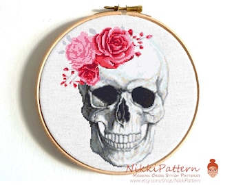 Skull cross stitch pattern PDF Human anatomy counted cross stitch Flower skull modern cross stitch Rose embroidery, instant download