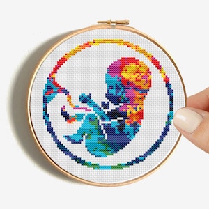 ミニ解剖学クロスステッチパターン、妊婦。ベビークロスステッチ。かわいい胎児のサンプル。簡単で楽しいカラフルなデザイン。PDFをすぐにダウンロードできます。