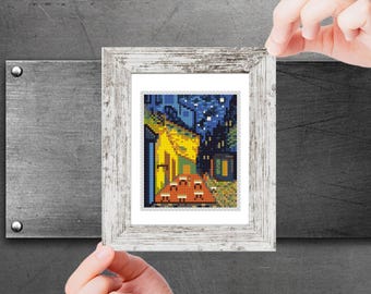 Mini cross stitch pattern Modern tiny art - Café Terrace at Night by Vincent van Gogh Famous art miniature painting Easy beginner PDF chart