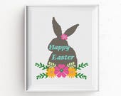 Easter bunny cross stitch pattern Happy Easter cross stitch pdf Modern cross stitch chart Pink Flower cross stitch Easy Floral easter decor