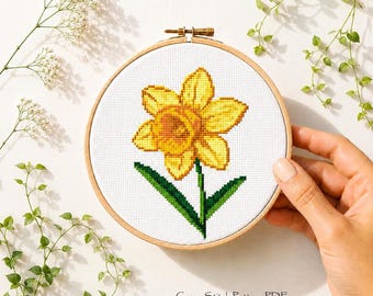 Kreuzstichmuster Narzisse, Mini gelbe Blume, florale Kreuzstichvorlage, Natur Kreuzstichmuster, botanische Stickerei, sofort download PDF