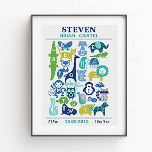 Baby cross stitch pattern, Birth announcement, Alphabet with fox, elephant, giraffe, lion, dog monkey, owl, penguin, Animal embroidery PDF