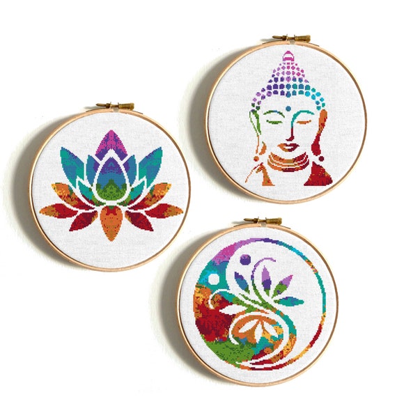 Yin Buddha Modern Mandala Lotus Hoop Stitch Cross Art Counted Stitch Stitch - Yang Flower Patterns Watercolor Cross Etsy Yoga Cross Silhouette