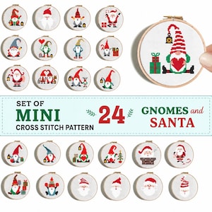 Christmas cross stitch pattern set, 24 Mini Gnome and Santa, Small, easy embroidery design PDF, Instant download