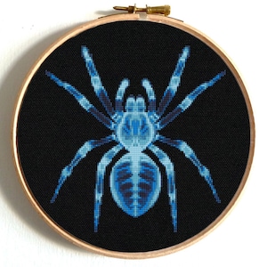 May include: A blue spider cross-stitch pattern on black fabric, framed in a wooden embroidery hoop.