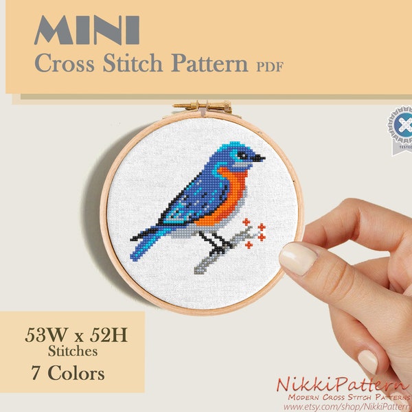 Mini bird cross stitch pattern Modern embroidery Bluebird cross stitch chart Counted cross stitch PDF Instant download Cute