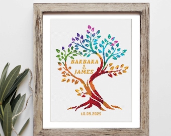 Patrón moderno de punto de cruz para bodas, Árbol del amor colorido, Nombre personalizado, Regalo de aniversario de bodas, Descarga digital en PDF