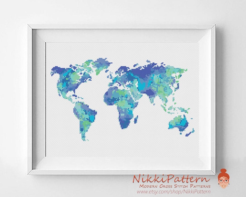World map cross stitch pattern, Silhouette of world, Watercolor world map, Counted x stitch PDF pattern, Instant download image 8