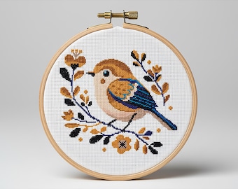 Bird cross stitch pattern with floral, Cute Bluebird with flowers, Small Easy counted x-stitch, Instant download