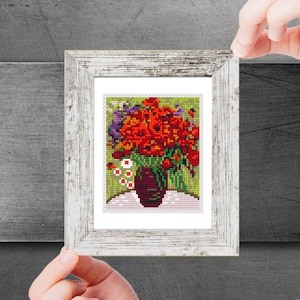 Mini cross stitch pattern Modern tiny art - Red Poppies and Daisies by Vincent van Gogh Famous art miniature painting Easy beginner PDF