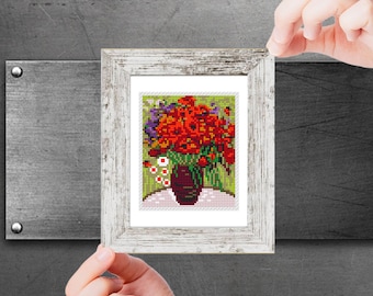 Mini-kruissteekpatroon Moderne kleine kunst - Rode klaprozen en madeliefjes van Vincent van Gogh Beroemde kunst miniatuurschilderij Eenvoudige pdf voor beginners