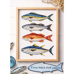 Korsstygnsmönster för fisk i PDF-format | Kustfisk, guldfisk, mahi-mahi, randig abborre, röd snapper, tonfiskbroderidesign, fiskegåva