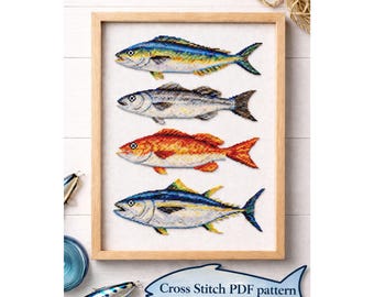 Fish Cross Stitch Pattern PDF | Coastal Ocean Fish, Dolphinfish Mahi-Mahi, Striped Bass, Red Snapper,  Tuna Embroidery Design, Fishing Gift