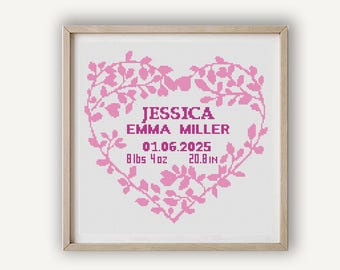 Baby birth announcement cross stitch pattern, Pink heart, DIY personalized baby name, Custom name, Digital instant download
