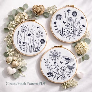 Wildflower Cross Stitch Pattern PDF – Set of 3 Minimalist Floral Embroidery Charts