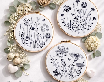 Wildflower Cross Stitch Pattern PDF – Set of 3 Minimalist Floral Embroidery Charts