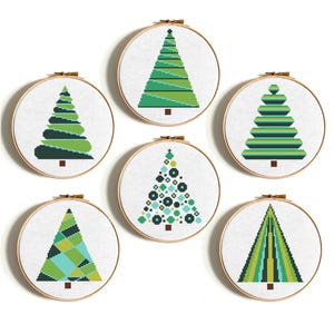 Patrón de punto de cruz de árbol de Navidad escandinavo, decoración navideña nórdica moderna, juego de 6 diseños de bordado de invierno, muestrario navideño