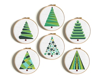 Scandinavian Christmas tree cross stitch pattern, Modern Nordic Christmas decoration, Set of 6 Winter embroidery design, Holiday sampler