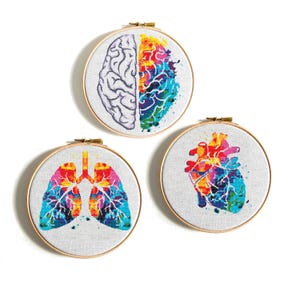 Anatomisch kruissteekpatroon pdf, Brain Lungs Heart anatomie borduurwerk, kleurrijke kruissteekkaart, ontwerp menselijk lichaam, Instant download