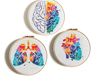 Anatomical cross stitch pattern PDF, Brain Lungs Heart anatomy embroidery, Colorful cross stitch chart, Human Body design, Instant download