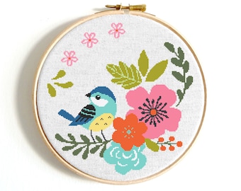 Floral cross stitch pattern Modern cross stitch Flower cross stitch Bird Counted cross stitch PDF Animal cross stitch chart Easy crossstitch