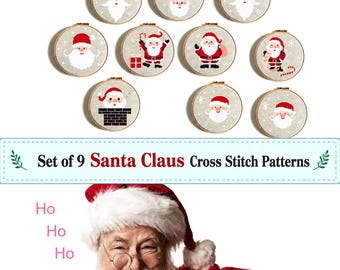 Santa Claus cross stitch pattern, Set of 9 Small hand embroidery, Santa in a red striped hat, Tiny Christmas gift, Instant download