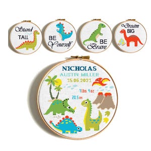 Birth announcement cross stitch pattern, Dinosaurs modern nursery decor, Embroidery pattern with text, Dream big, Be brave, Stand tall