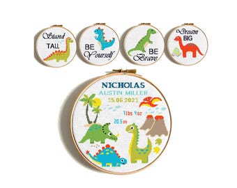 Patrón de punto de cruz para anuncio de nacimiento, Decoración infantil moderna de dinosaurios, Patrón de bordado con texto, Sueña en grande, Sé valiente, Ponte de pie