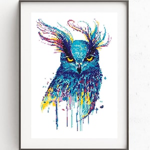 Blue Owl bird cross stitch pattern, Modern animals cross stitch art, Counted cross stitch Watercolor owl instant download PDF pattern