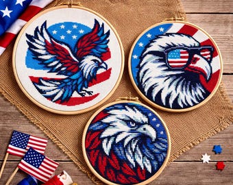 Patrón de punto de cruz "Dios bendiga a América", Día de la Independencia de EE. UU., Águila patriótica con los colores de EE. UU., 4 de julio, 250 aniversario (1776-2026).