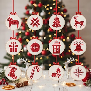 Nordic Christmas Cross Stitch Pattern Set of 12 | Redwork Scandinavian Folk Art Ornaments | Printable Holiday PDF