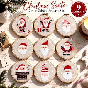 May include: Nine circular wooden embroidery hoops containing cross stitch patterns of Santa Claus in various poses, including holding a candy cane, a gift, and emerging from a chimney, with the text Christmas Santa Cross Stitch Pattern Set.