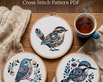 Fröhliche Vögel Kreuzstichmuster Set, Cottagecore Stickerei (Instant Download PDF)