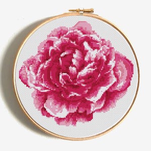 Peony Cross Stitch Pattern, Pink Flower Embroidery Design PDF, Modern Floral Needlepoint, Hand Embroidery Wall Art, PDF Instant Download