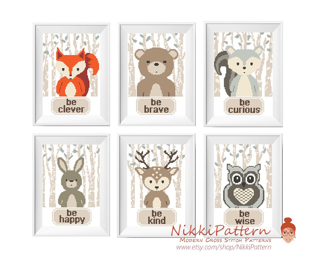 Baby Cross Stitch Pattern, Woodland Animals Baby Shower Gift, Be Clever Be Brave Be Kind Nursery Embroidery Set Fox Bear Bunny Deer DIY - Etsy