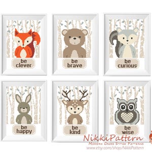 Baby Cross Stitch Pattern, Woodland Animals set Baby Shower Gift,  Be clever Be brave Be kind Nursery Embroidery Set Fox Bear Bunny Deer DIY