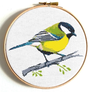 Koolmees kruissteekpatroon pdf, Tiny Bird steekkaart. Borduurwerk kleine dieren, natuurkunst, Instant download