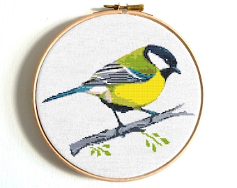 Great Tit cross stitch pattern PDF, Tiny Bird xstitch chart. Small animal embroidery, nature art, Instant download