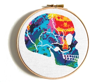 Human skull cross stitch pattern, Funny anatomy cross stitch, Modern cross stitch, Colorful brain embroidery, Scary counted cross stitch PDF