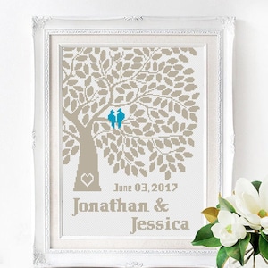 Wedding modern cross stitch pattern, Monochrome tree with love birds, Personalized name, Anniversary gift, Digital Instant download PDF