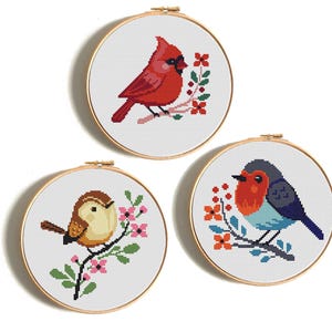 Mini birds cross stitch pattern, Cute Robin Bird, Carolina Wren, Northern Cardinal, Small songbird with flower, Digital Instant download PDF